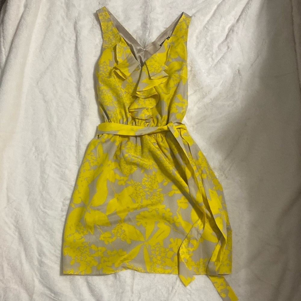 Express Yellow Floral Ruffle V-Neck Belted Dress